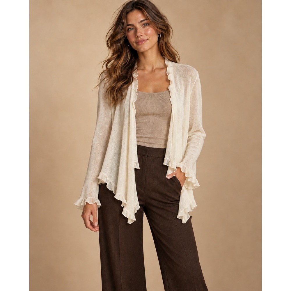 Investments Fine Cashmere Cardigan Ivory Ruffle Open Front Sweater Womens L/XL